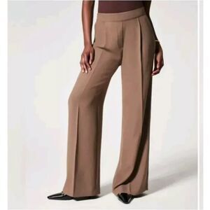Spanx Crepe Pleated Trouser Wide Leg Pants Women's Sz Medium Cedar Brown Flowy